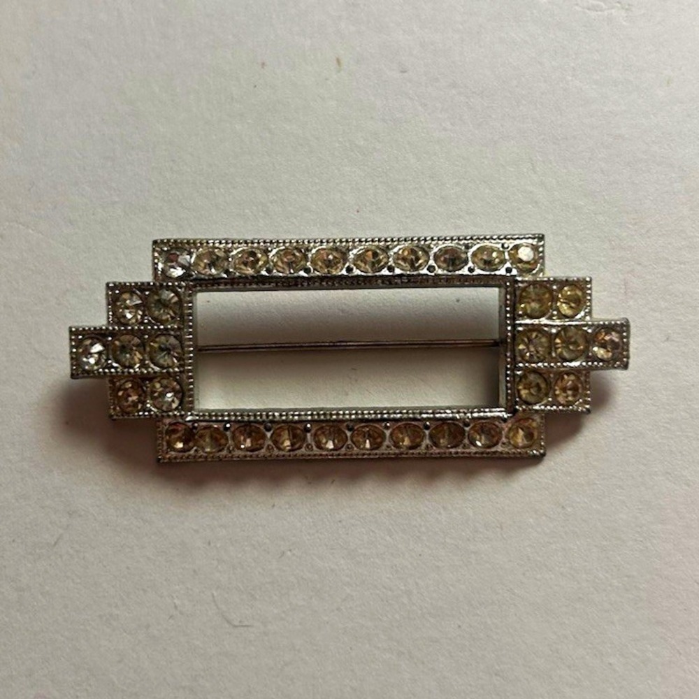 Art Deco Silver Tone Rectangular Clear Rhinestone Signed Brooch Pin